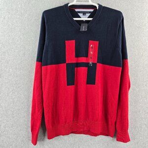 Tommy Hilfiger Sweater Mens XL Red Blue Knit Pullover Logo H Color Block V Neck